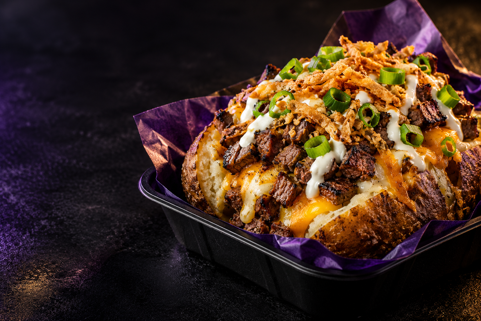 Illustrative loaded potato with grilled steak, cheese, green onion and crispy onion toppings